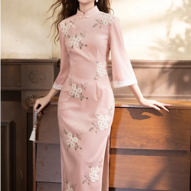 abito-elegante-da-donna-in-pizzo-con-maniche-a-tre-quarti-cheongsam-casual-quotidiano-con-ricami-e-colletto-alla-coreana-vestito-da-indossare-quotidianamente