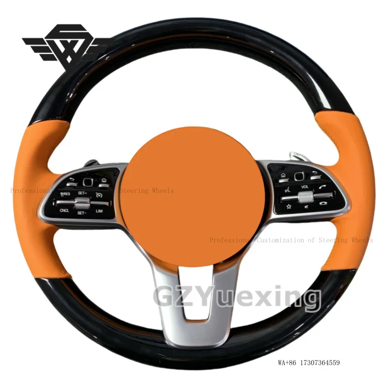 Customized Peach Wood Piano Black Orange Flat Leather Steering Wheel Suitable for Mercedes Benz W211 W212 W205 W204 A180 S63