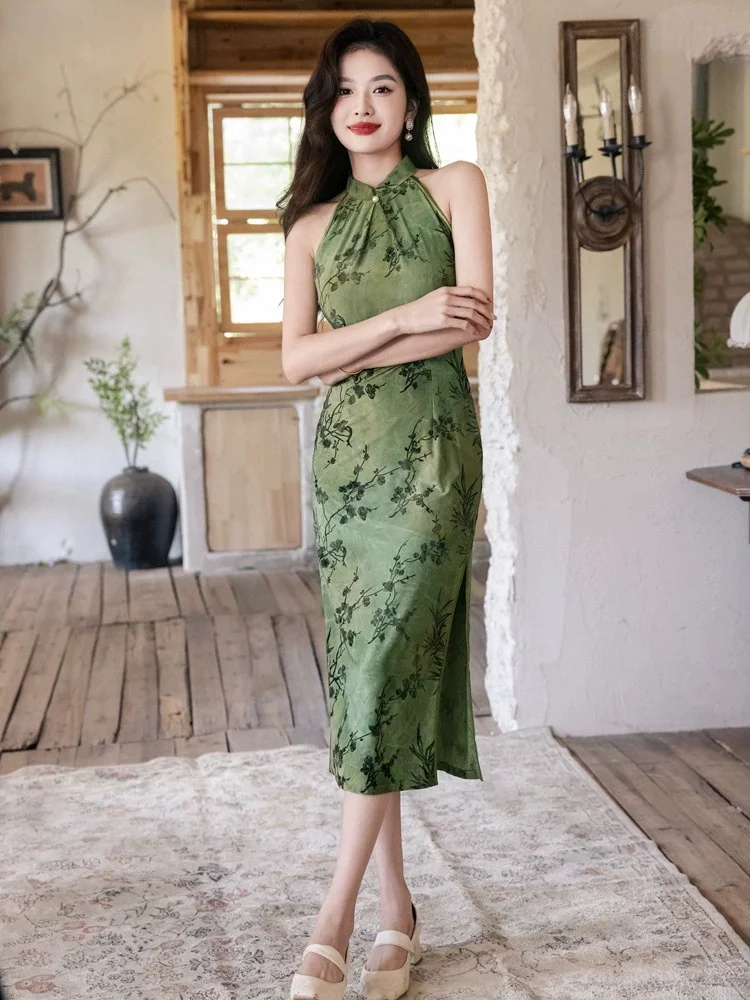 

Зеленый ретро новый китайский стиль без рукавов с подвесным воротником Cheongsam женский осенний новый стиль повседневное улучшение старый Шанхай Ципао