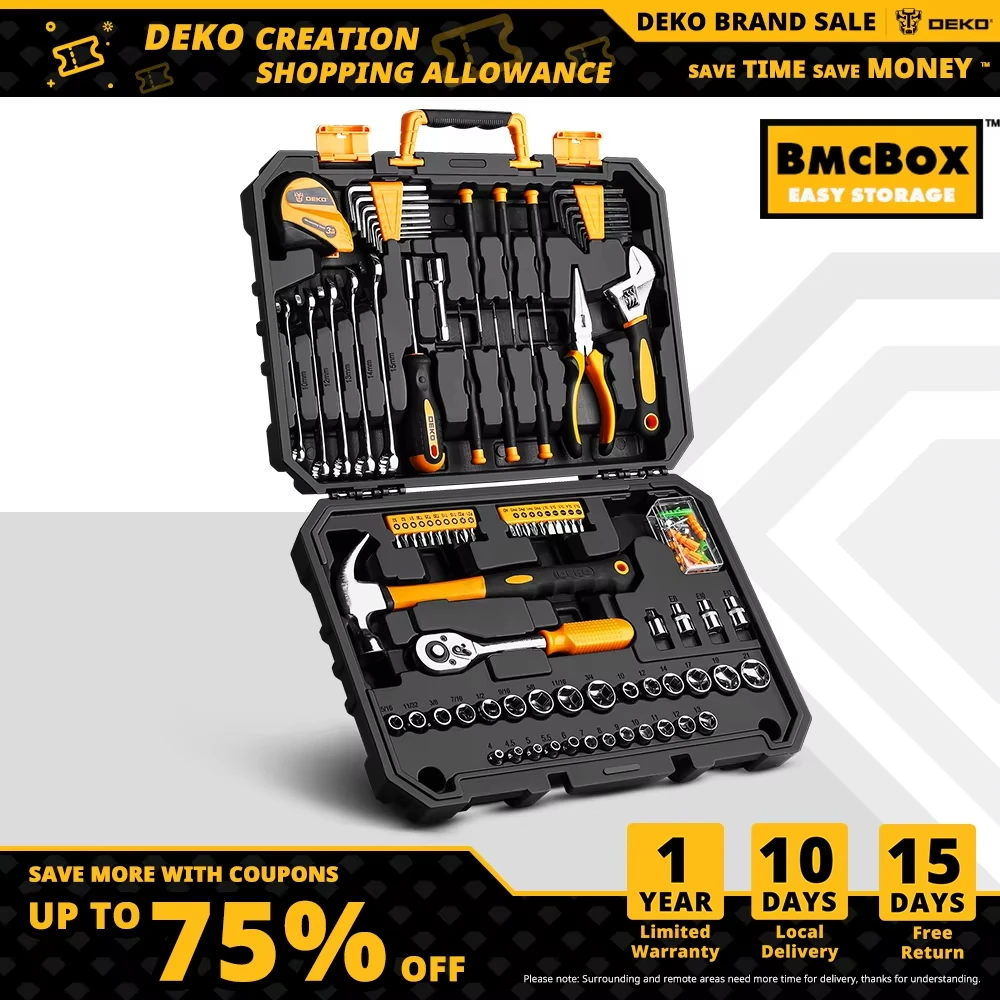 

DEKO DKMT128/DKMT196 Home DIY Tool Set Auto Repair Combination Package Hand Tool Kit with Plastic Tool box, Screwdriver, Hammer