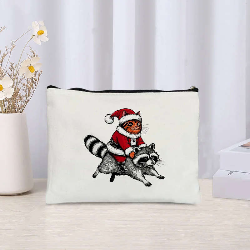 Funny Raccoon Riding Elk Pattern Makeup Bag Christmas Gift for Cat Raccoon Elk Sheep and Chicken Lover XMAS Cosmetic Case Wallet