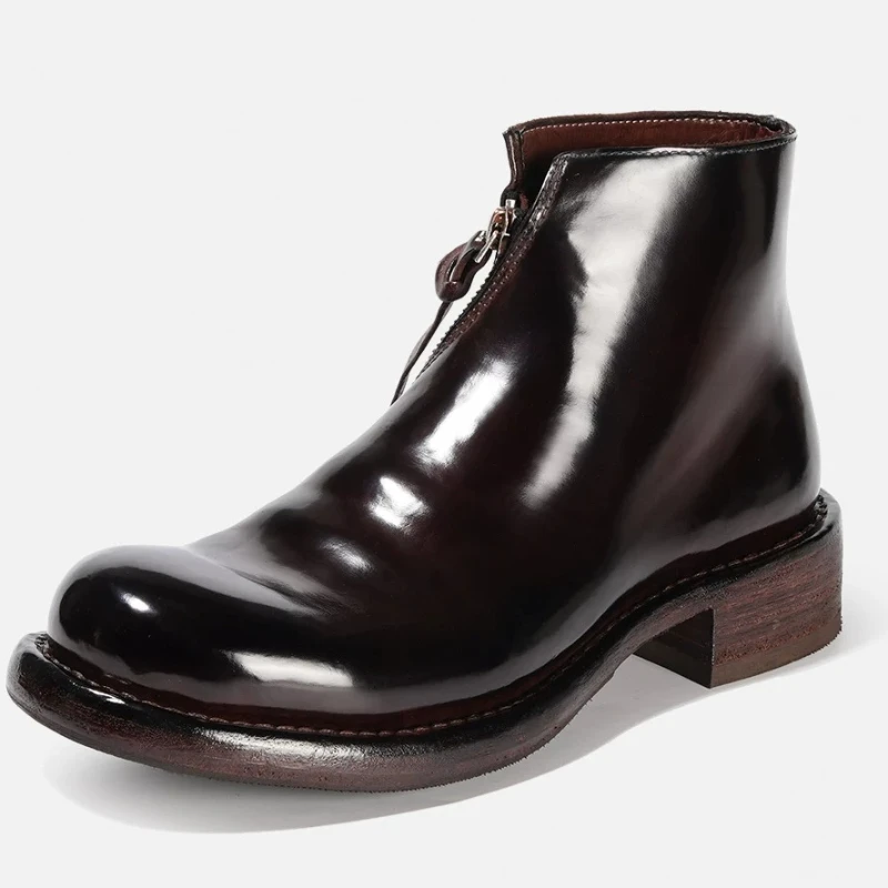 Horse Hip Leather Chelsea Boots Shoes for Women's Autumn/Winter Horse Skin Handmade Goodyear Side Zipper High Top Horseskin Shoe