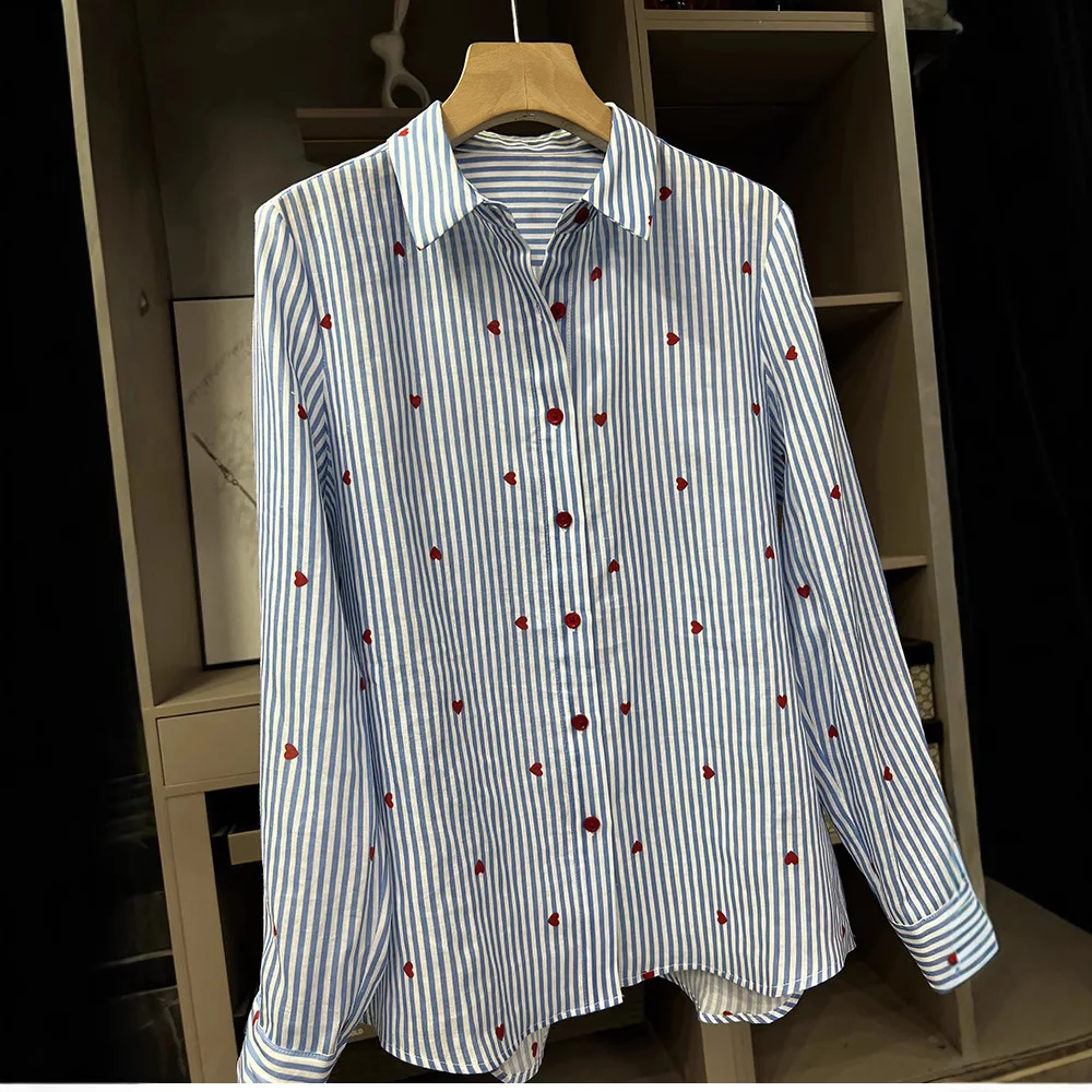 Fresh Elegant Blue Shirt Star Fashion French Romantic Long Sleeve Top Women Camisas De Mujer