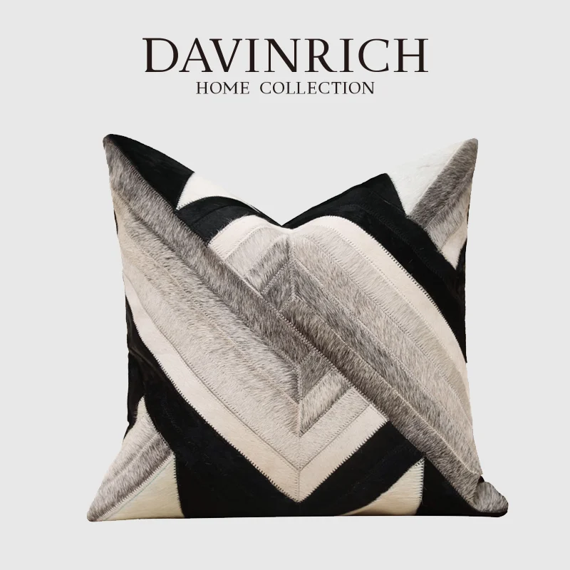 DAVINRICH Black Gray Patchwork Cowhide Cushion Cover Meticulously Handcrafted Natural Beauty Leather Pillowcase Unique Patterns