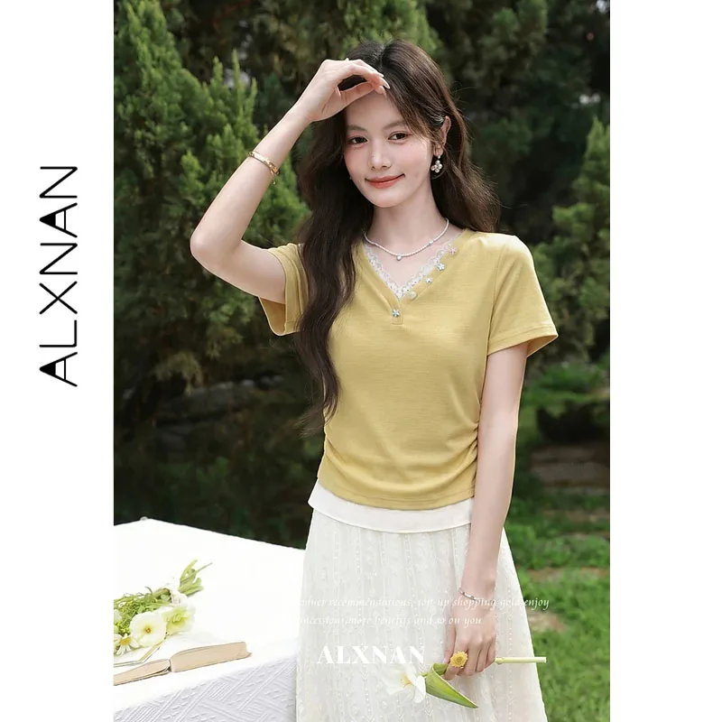 ALXNAN Women's Short Sleeve T-shirt V-neck Lace Trim Fake Two Piece Light Blue Summer Slim Fit Korean Casual 2026 Tops L65706-1