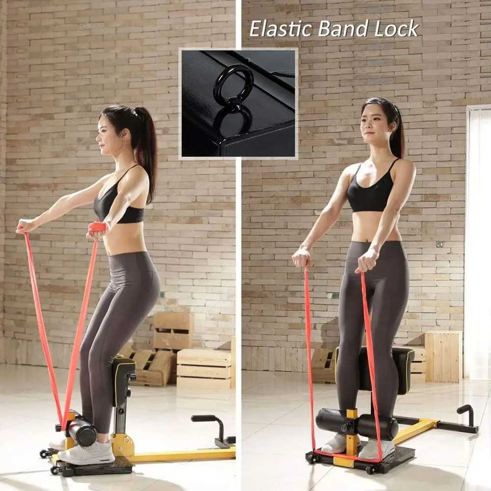 

All-in-One Core Workout Trainer: Sissy Squat, Sit-Up & Push-Up Leg Exerciser with Anti-Skid, Soft PVC, and Wheels (Yellow & Blac