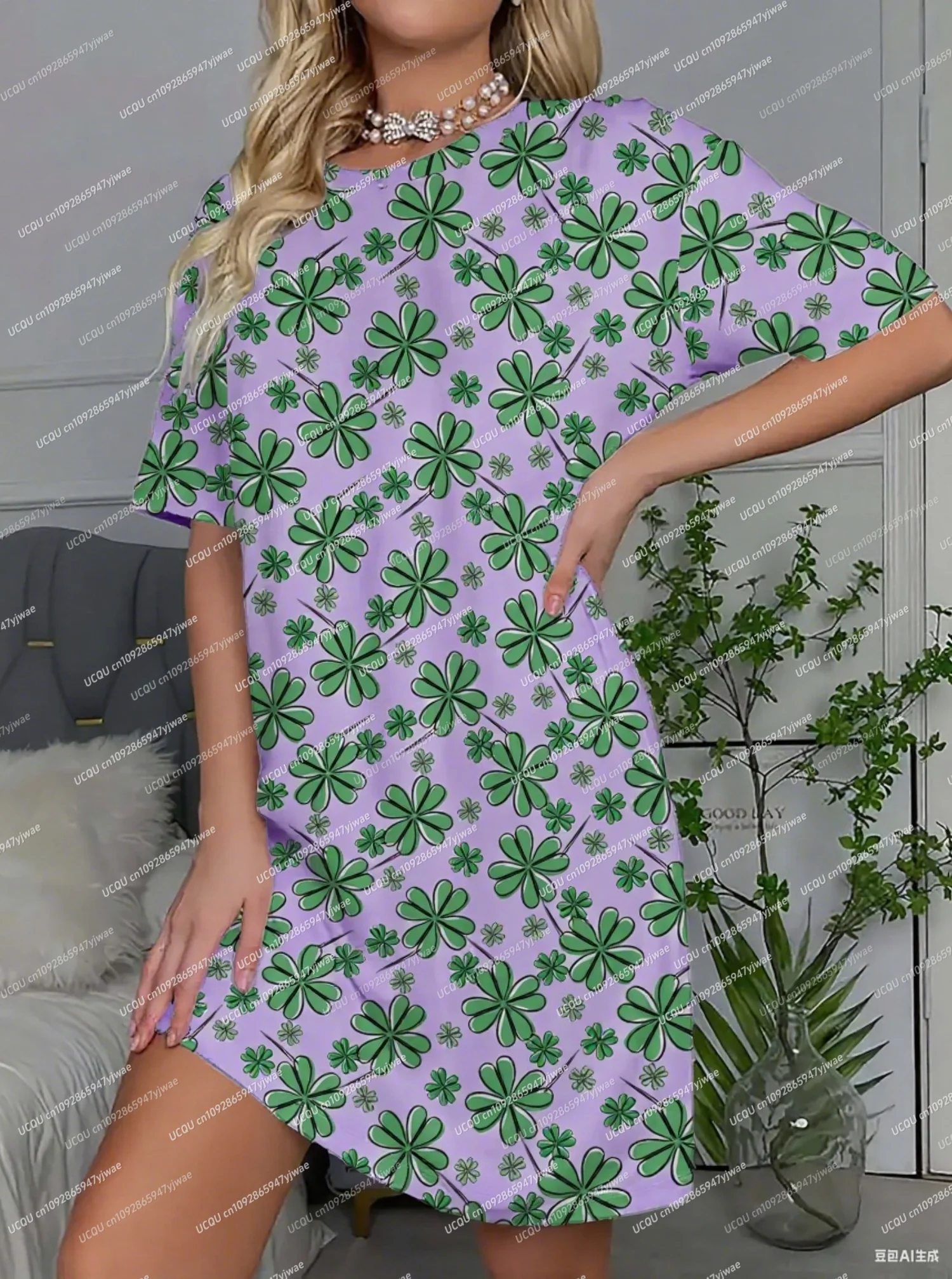 2025年夏 レディース Tシャツワンピース カジュアル グリーン ラッキーグラス プリント Oネック レディース 半袖 プルオーバー ワンピース レディース服