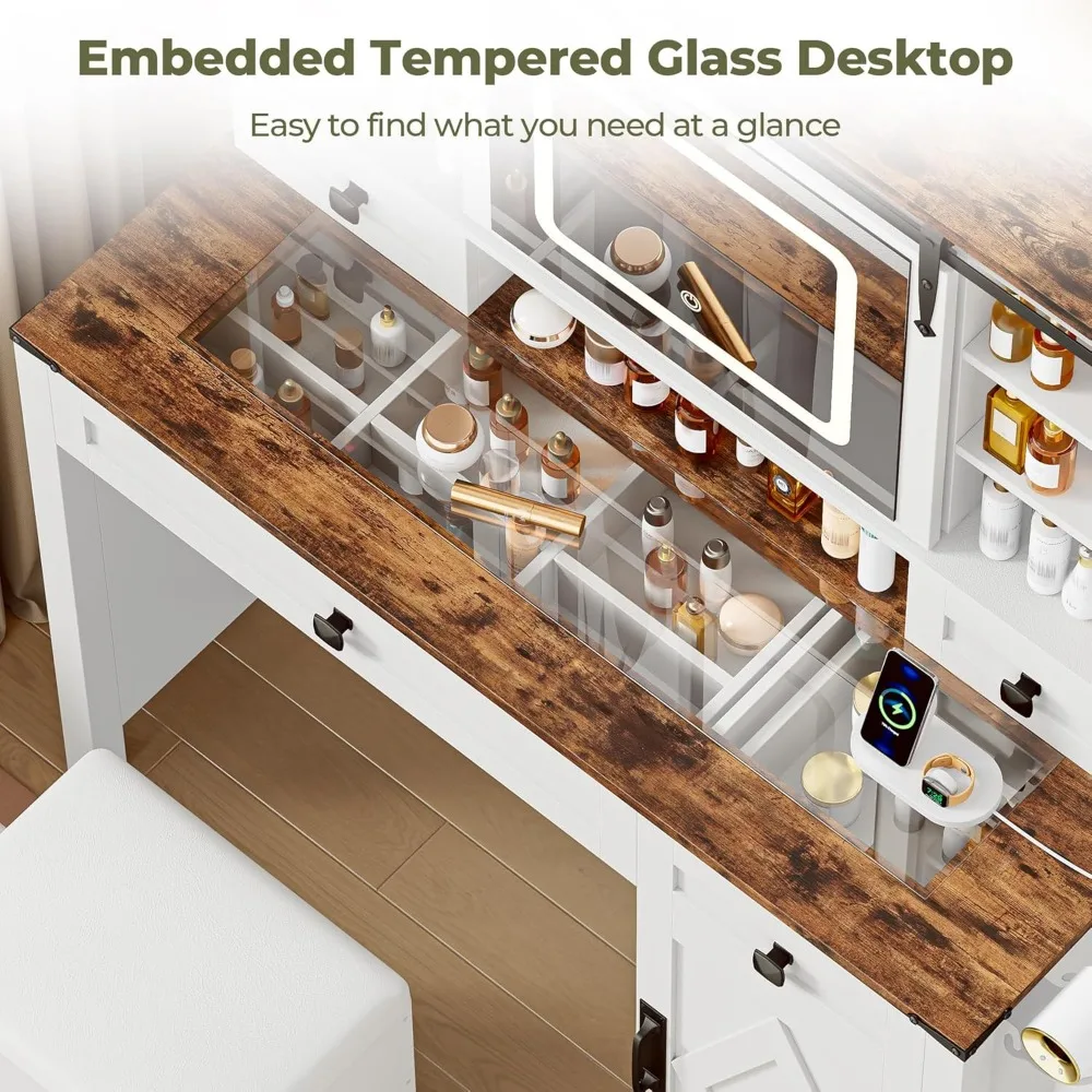 طاولة زينة للمكياج مع مرآة منزلقة، 3 ألوان إضاءة، مخرج طاقة، مكتب حديث على طراز المزرعة