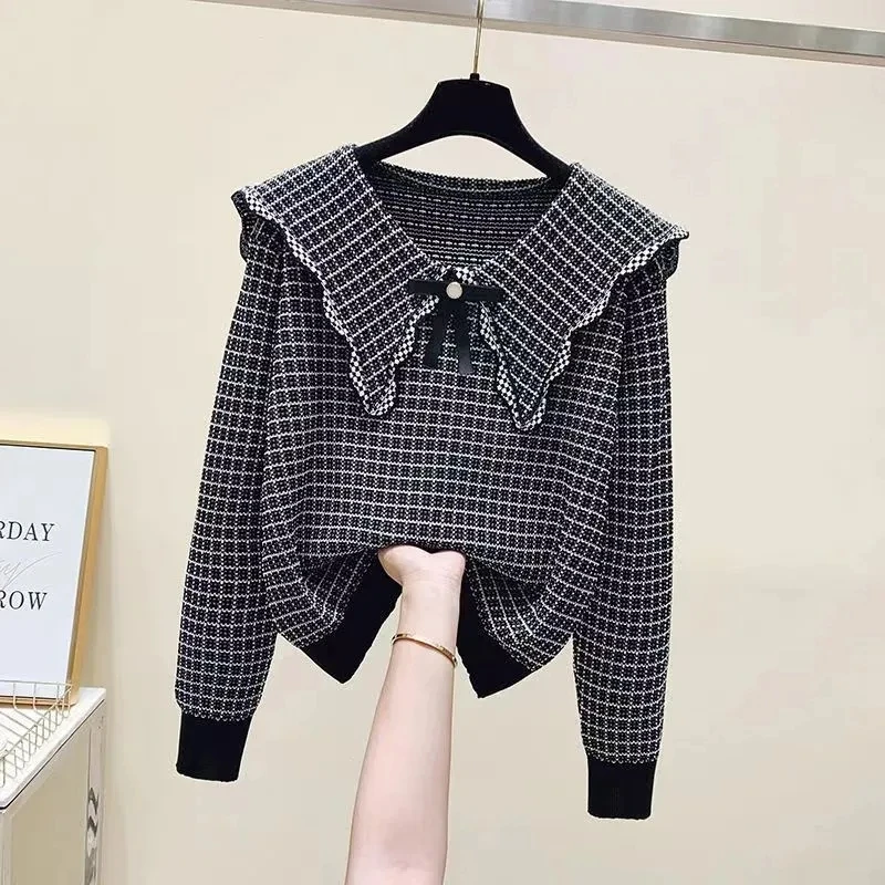 Plaid Vintage Acrylic Knitted Peter pan Collar Pullover Women\'s Sweater Long Sleeve Female Sweaters Tops Woman Clothing Fashion