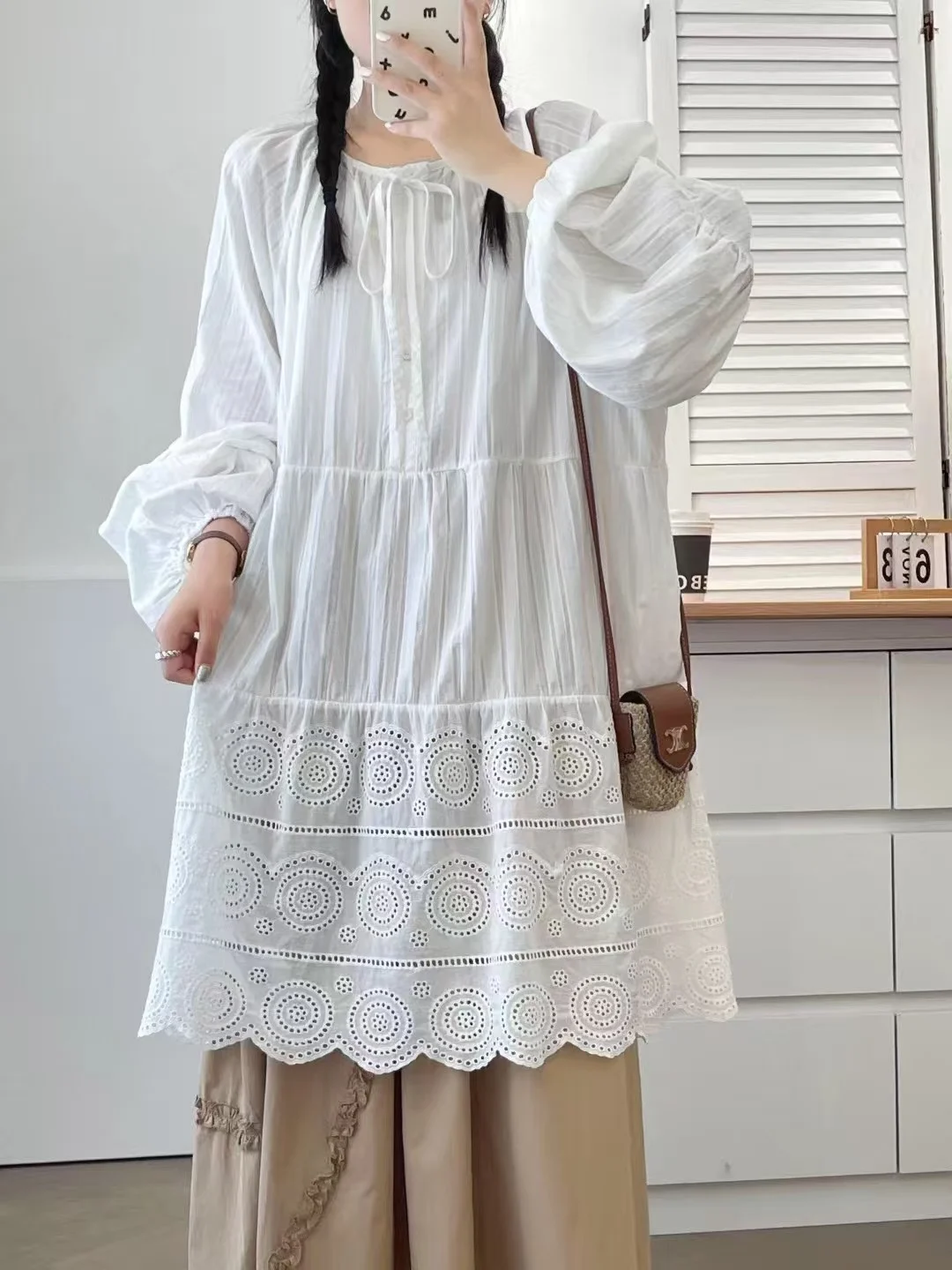 

Japanese vintage clothes large size tops 100% cotton boho embroider white shirts long blouses autumn boho clothing