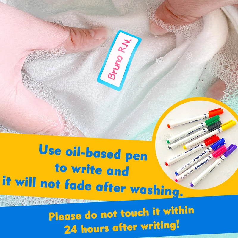 Writable Fabric Clothing Labels for School Nursery Colorful Customizable Washable Iron-on for Kids Newborns Adults Diverse Sizes