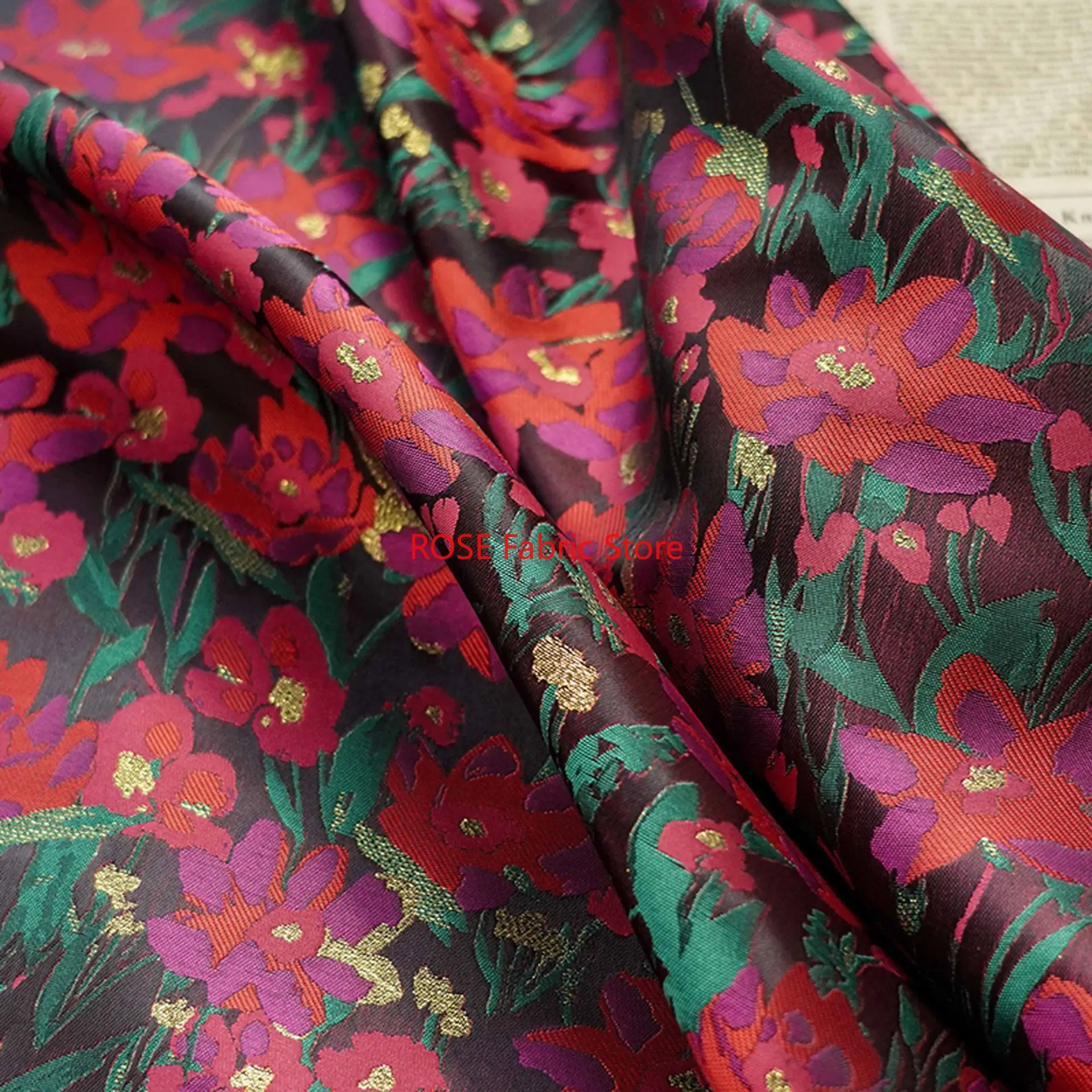 

1 Meter Gold Silk Flower Jacquard Fabric Retro Dress Coat Bag Decorative Sewing Fabric