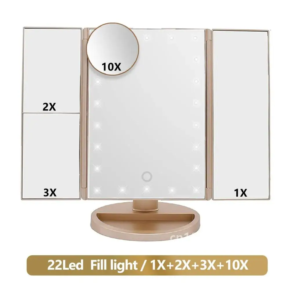 Miroir de maquillage pliable avec lumière LED, 3 miroirs pliants, 1x2x3x, miroir de courtoisie de bureau, miroir rotatif à intensité variable avec interrupteur tactile