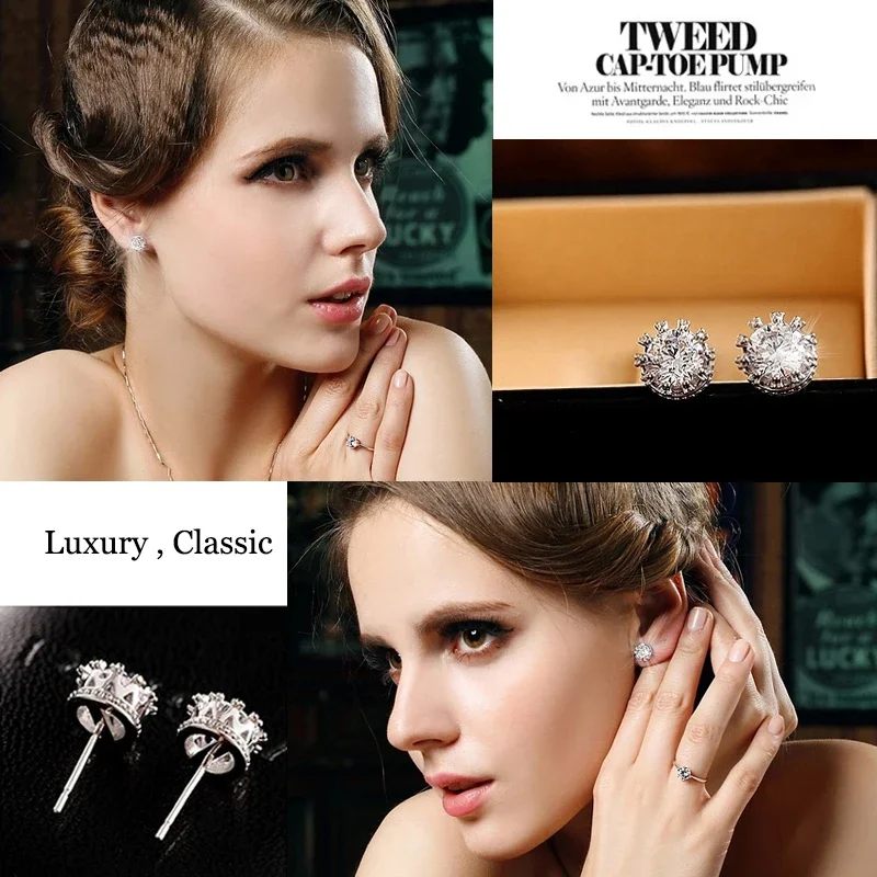 2022 New Fashion Women Classic Shining Silve CZ Stud Earrings for Wome Pink Ears Stud Crystal Valentine\'s Day Gift Jewelry