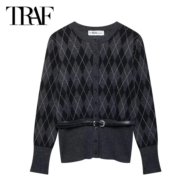 TRAF Elegant Women 2 Pieces Skirts Set 2024 Autumn Belt Sweater Cardigan Outerwears Mid Waist Long Skirts Lady Knitted Sets