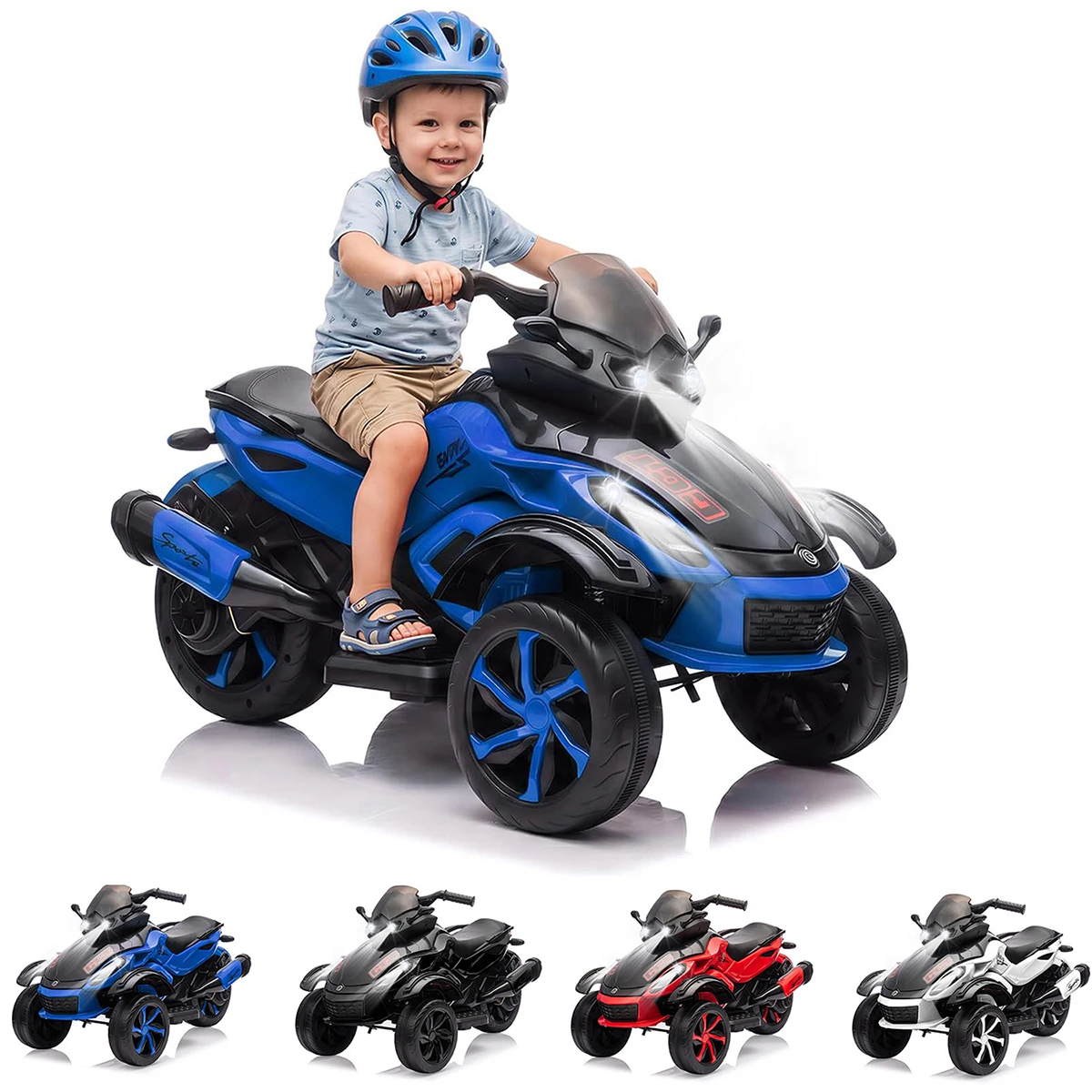 12V Kids Ride On ATV 3 Wheel Electric Motorcycle With LED Lights, Music, Tread Tires, Battery Powered Off Road Toy Ages 3-6