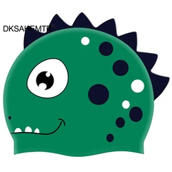 Gorro de natación de silicona de dibujos animados para adultos y niños, gorro de natación elástico, impermeable, dinosaurio, pelo largo, deportes, piscina, nuevo