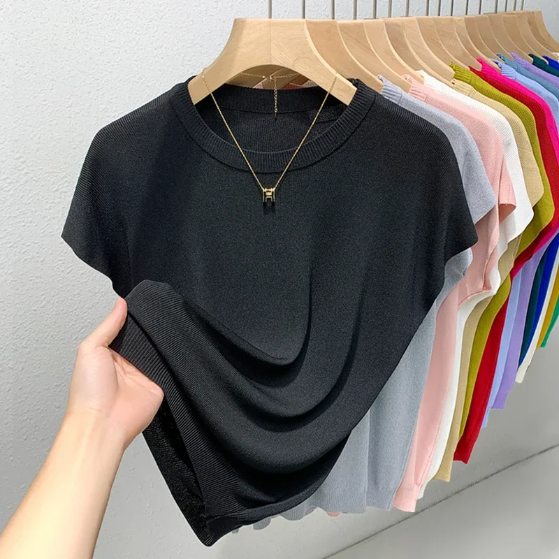 New O-neck Collar T-shirt Korean Ice Silk Knit Short-sleeved Slim-fit Elastic Solid Inner Bottoming Shirt Sexy Big Chest T-shirt