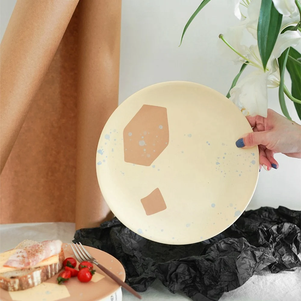 Dining Plate Printed Korean Style Round Bamboo Fiber Dishes Dessert Cake Fruit Food Plate Tableware Kitchen Supplies