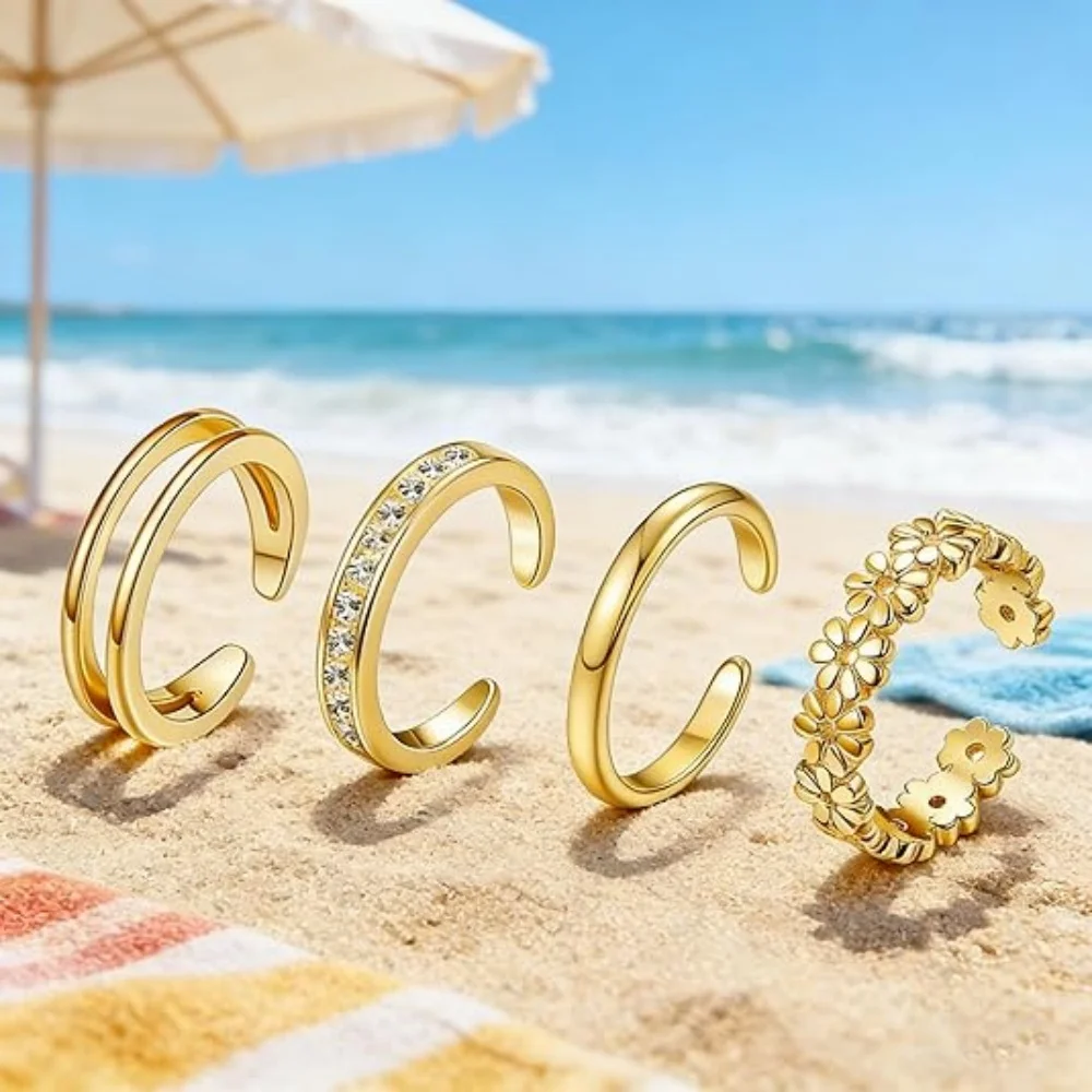 1PCS Gold Plated Shiny CZ Toe Ring for Women Girls Classic Adjustable Fashion Summer Beach Foot Ring Vacation Jewelry Gifts