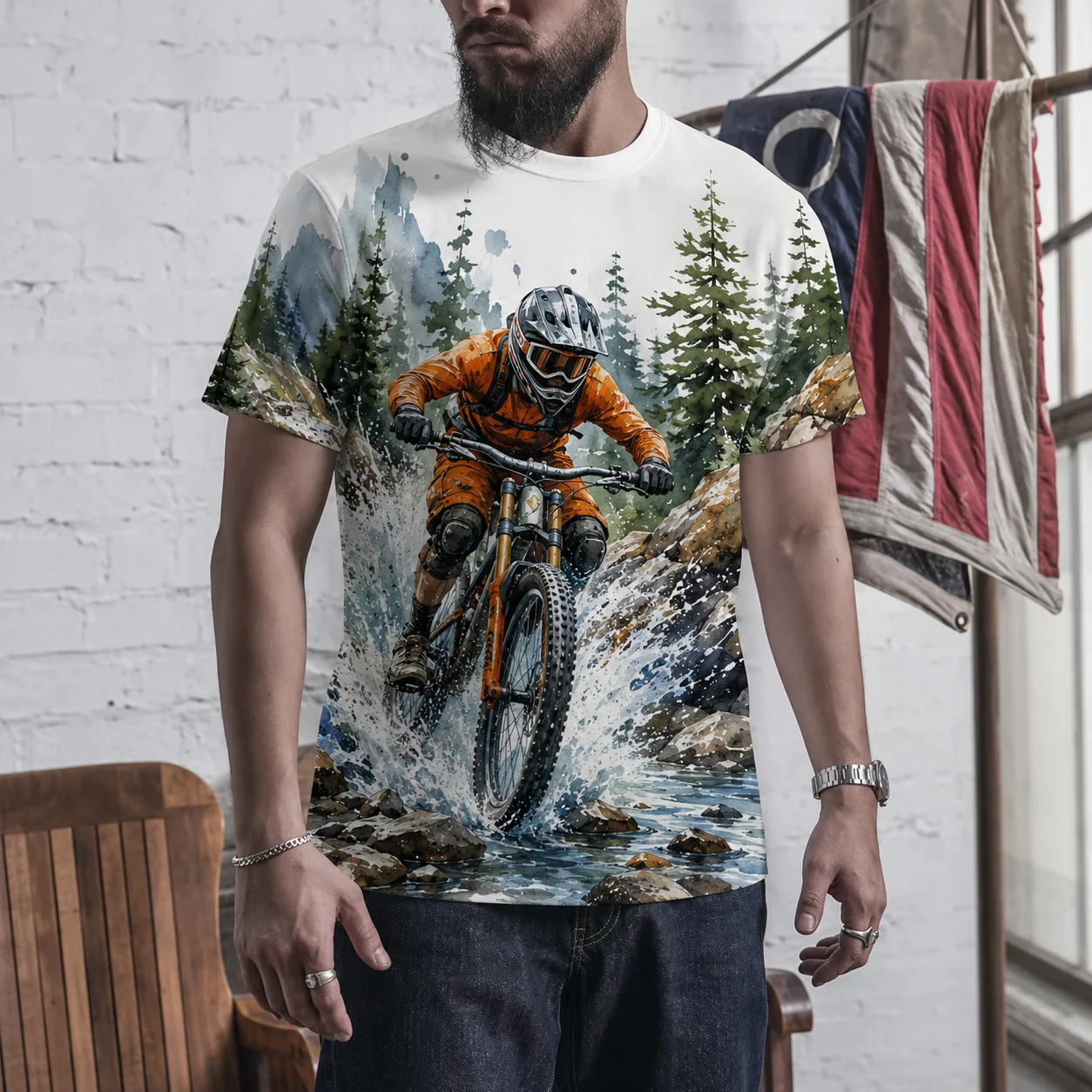 Men’s Mountain Bike Downhill Graphic T Shirt Orange Rider Forest Stream All Over Print Short Sleeve Crew Neck Outdoor