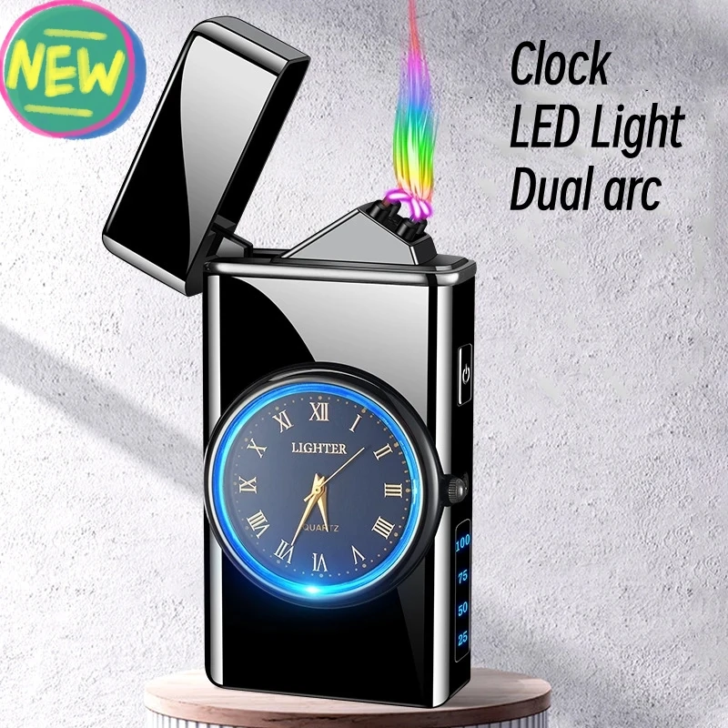 

New Metal Clock Dual Arc Lighter Portable LED Display USB Rechargeable Flameless Lighter Outdoor Camping Flashlight Men's Gifts