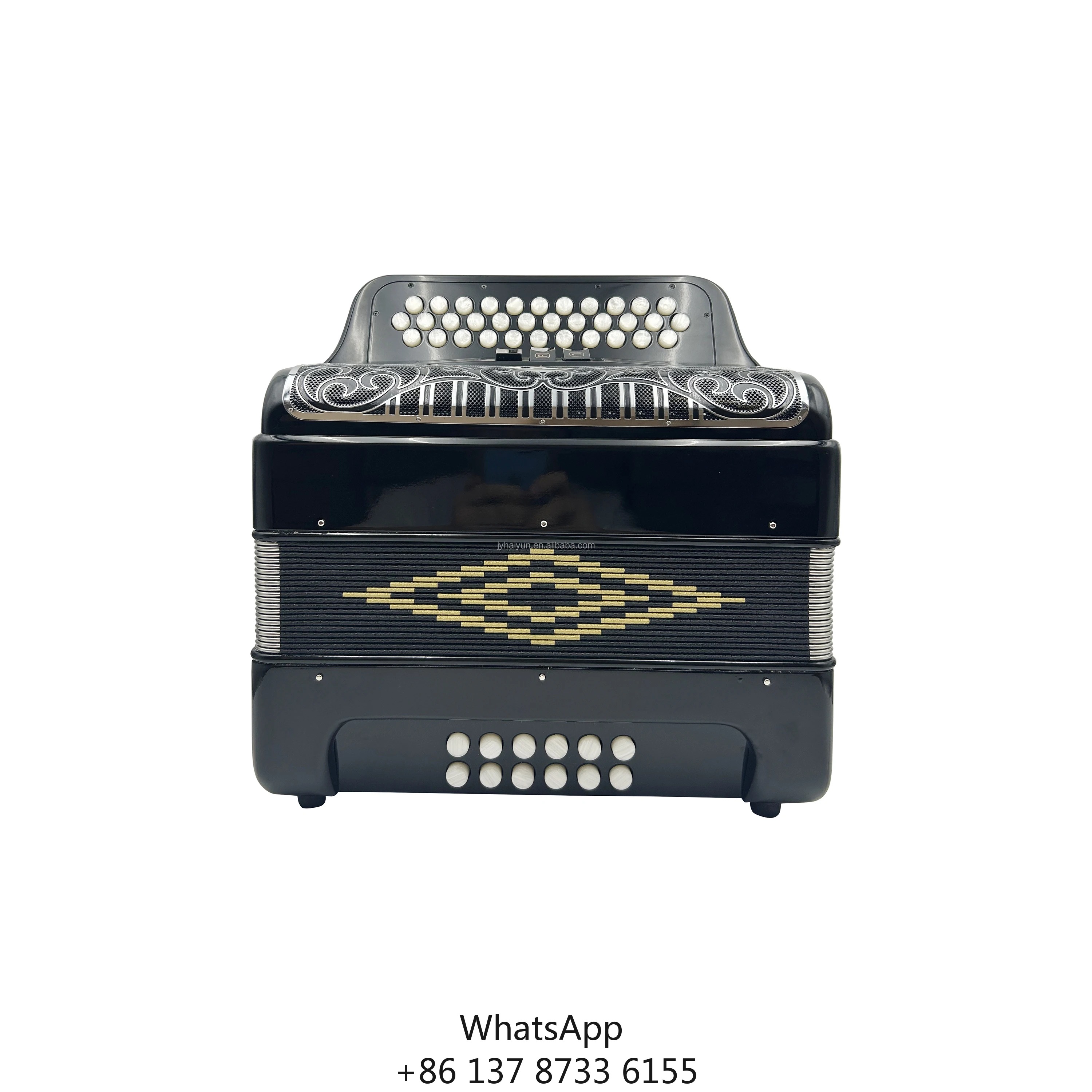 

Professional Diatonic Accordion 34-Button 12-Bass 3-Registers JB3412C Black Body Black Silver Grill White Buttons