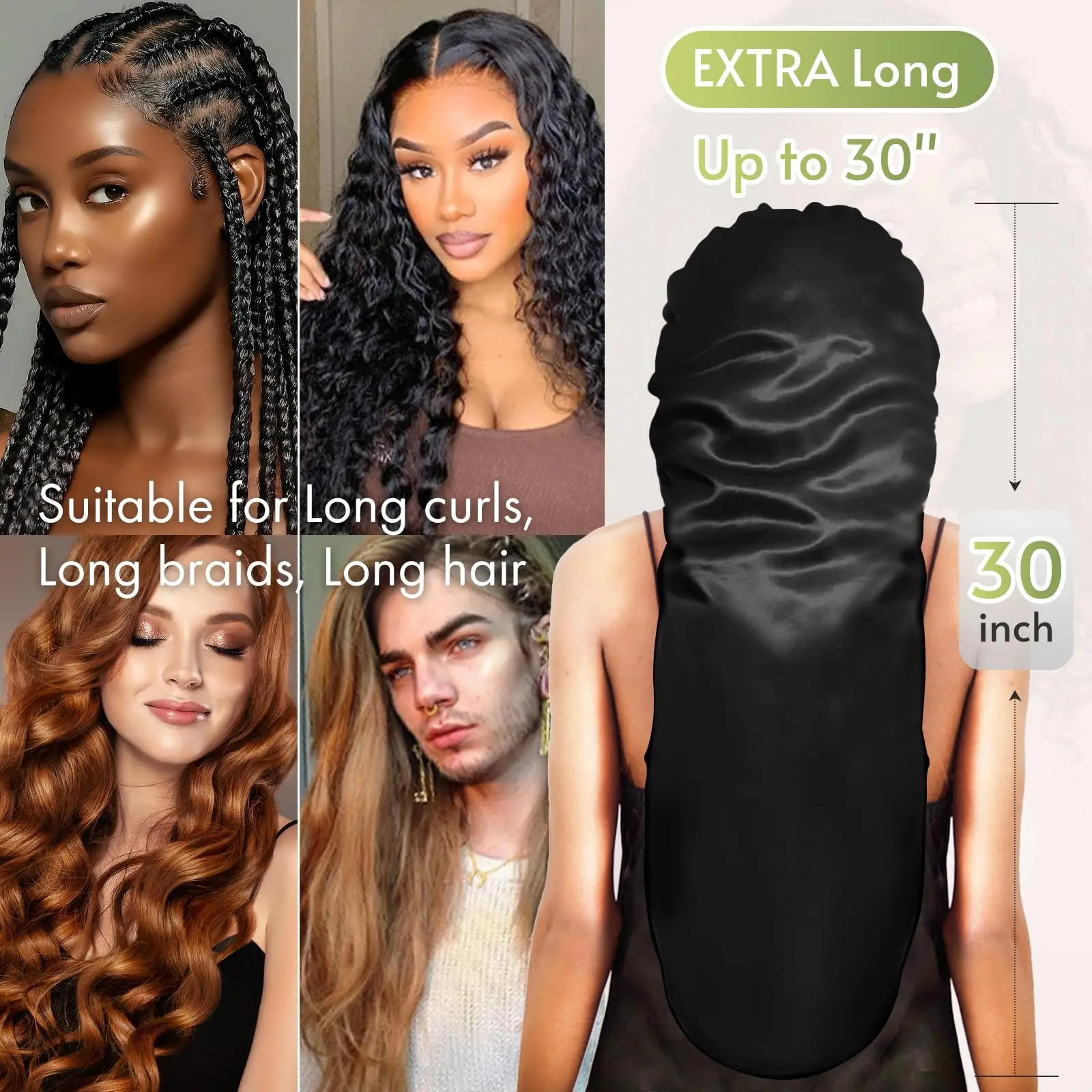 BONNET QUEEN Braid Bonnet Silk Foldable Extra Long for Braids Satin Sleeping Hair with Tie Band Sleep Cap Black