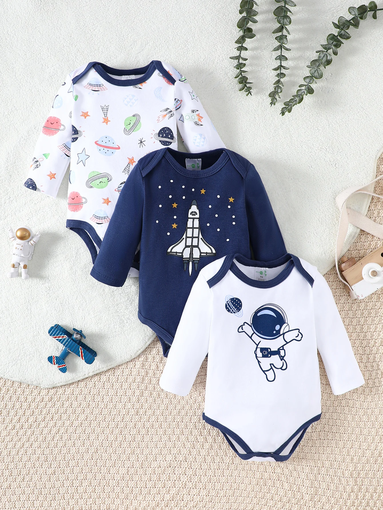 3PCS Spring/Summer New Baby Cotton jumpsuit Fashionable and Cute Cartoon Universe Series Set for Boys Girls with Long Sleeves