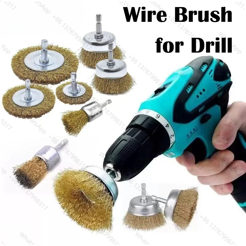 Brass Wire Brush Wheel Set,Wire Brush for Drill 1/4 Inch Hexagonal Shank 0.3mm Coarse Copper Plated Carbon Steel Crimped Wire