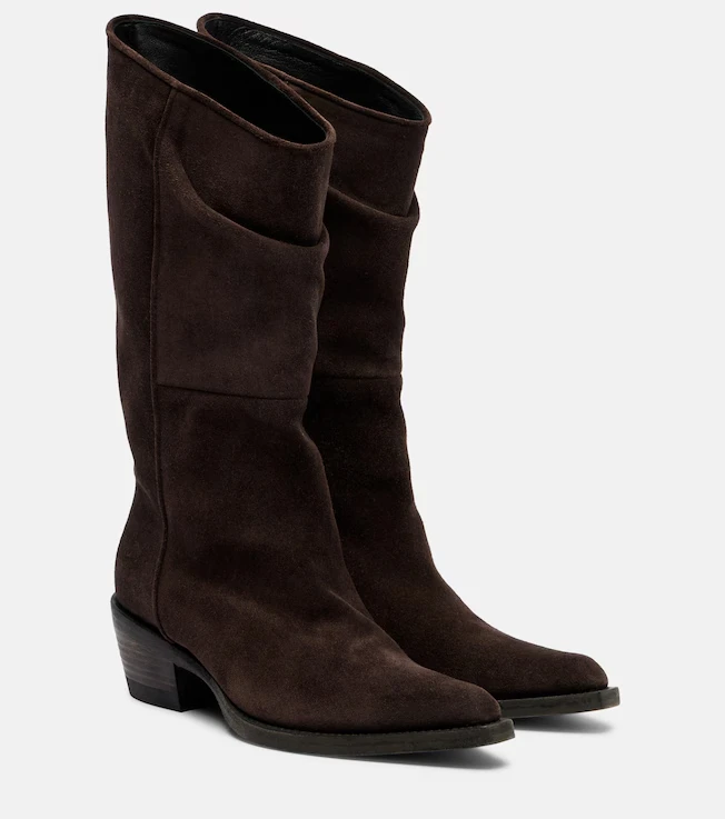 Suede Brown Chunky Heel Mid Calf Boots 2026 Winter Autumn Women Dress Shoes Round Toe Hot Sale Slip On Footwear