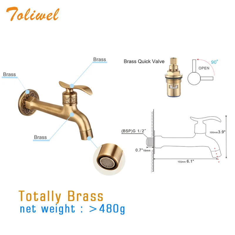 Antique Brass Wall Mount Garden Hose Laundry Mop Sink Washing Machine Faucets Tap Outdoor Cold Water Spigot