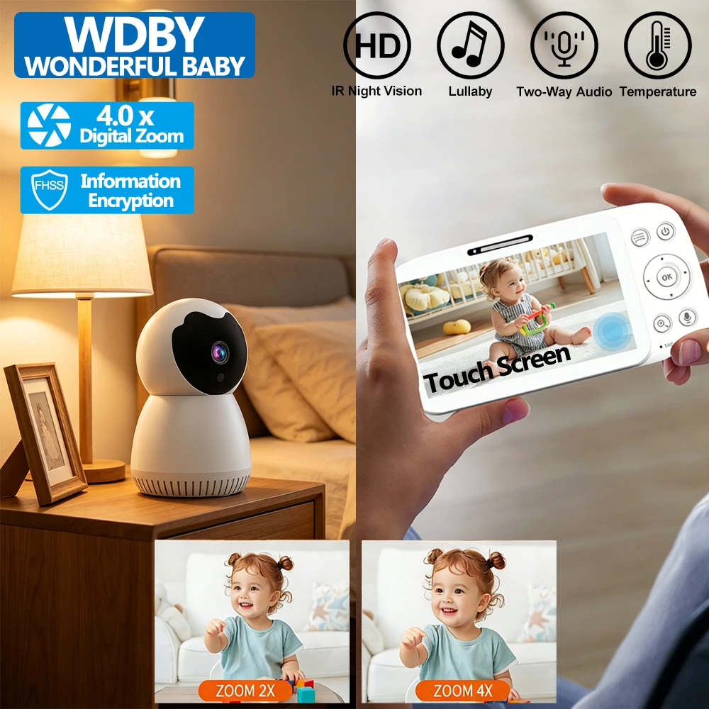 

5 Inch Touch Screen Baby Monitor with 4X Zoom Pan-Tilt Camera Two-Way Audio VOX Lullabies IR Night Vision Baby Safety Nanny Cam