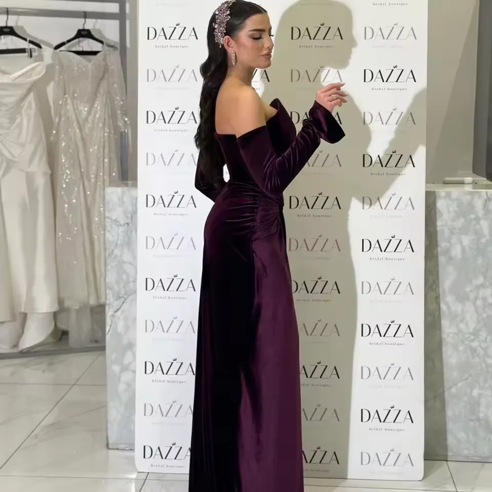 Vestidos de fiesta de terciopelo burdeos personalizados, guantes largos con hombros descubiertos, vestido de fiesta de celebridades, vestidos de noche formales de Dubái