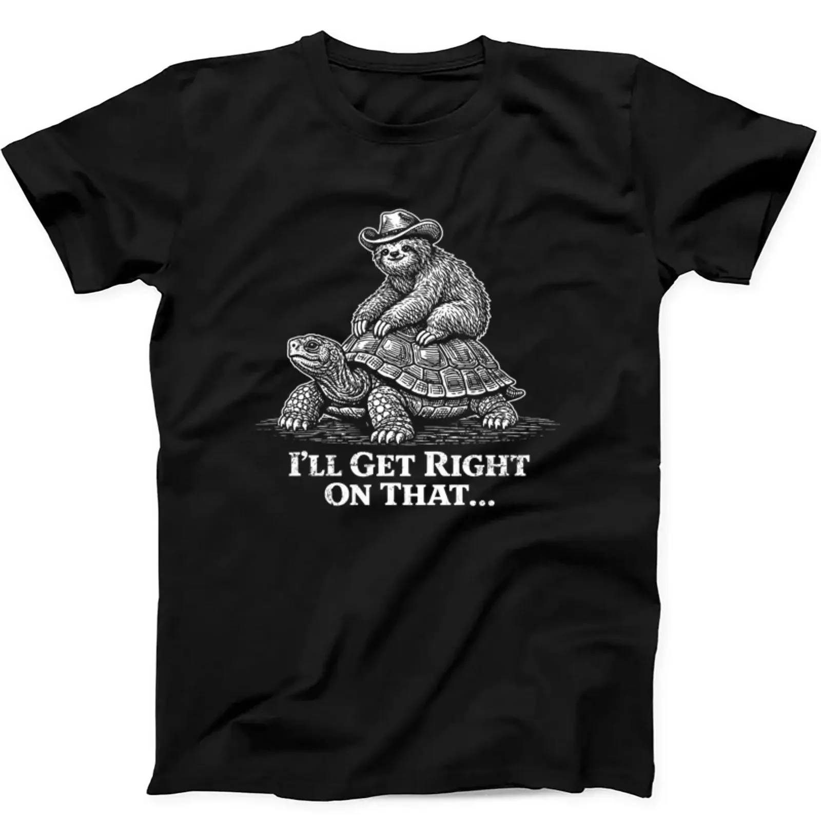 Sloth Riding Turtle I'll Get Right On That Tortoise T Shirt Black 583 vintage Washed Soft designer clothes homme Versatile