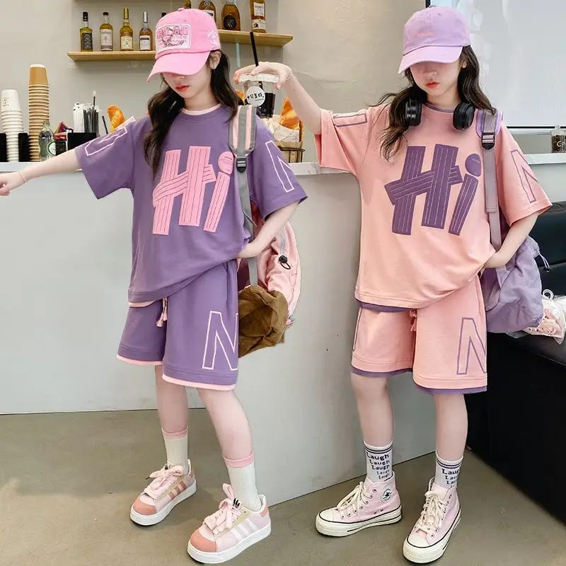 

Children's Sets Girls Summer Suit 2024 New Short-sleeved Loose Top + Shorts Casual Sports Two-piece Suit Loungewear Outfit