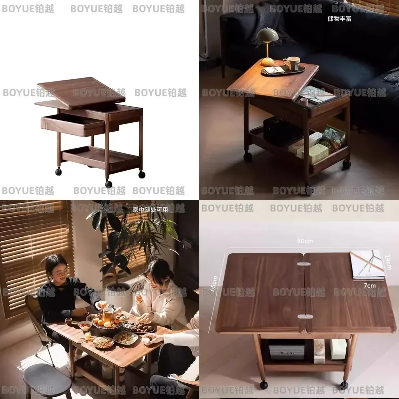 Black Walnut Folding Coffee Table Solid Wood Mobile Side Table for Small Apartment Living Room Compact End Table with Wheels