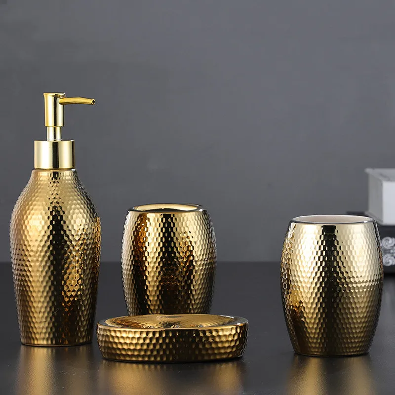 Bathroom Supplies, Golden Honeycomb Ceramic Soap Dispenser, Toothbrush Holder, Shampoo Bottle, Soap Box, Bathroom Accessories