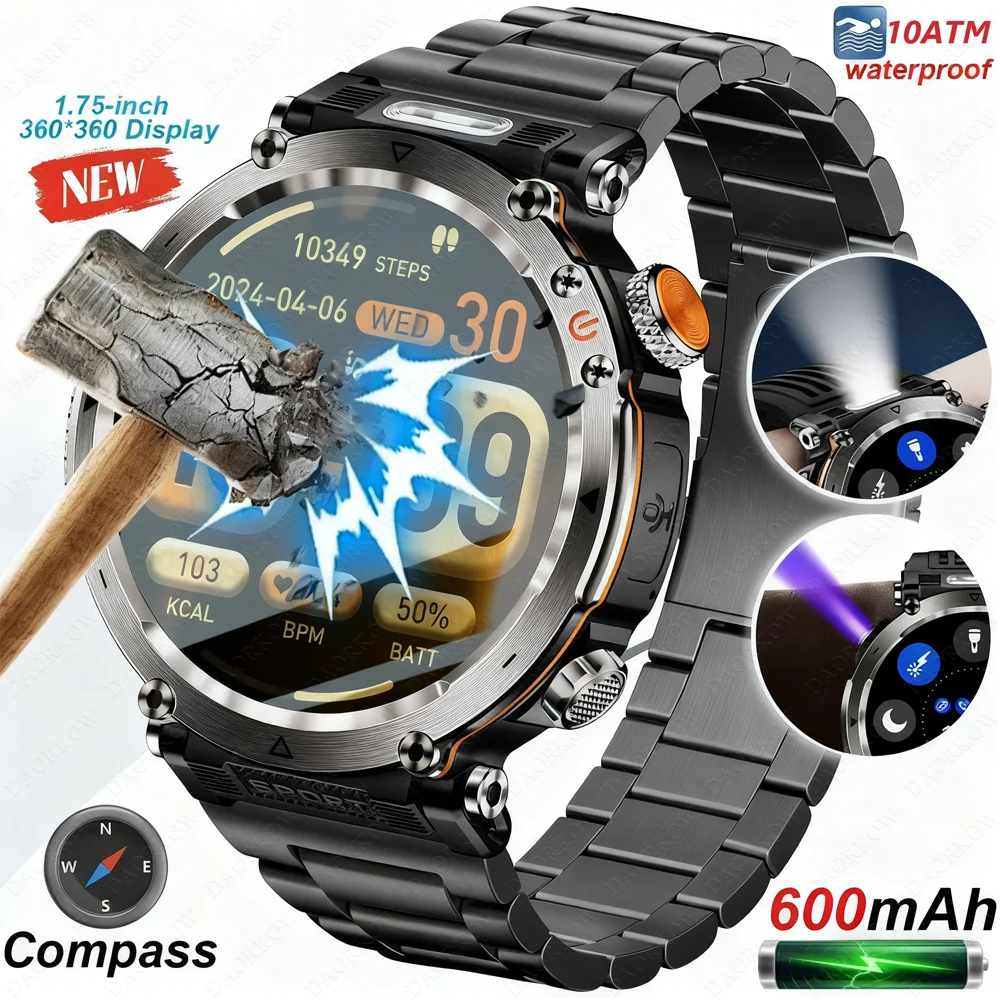 

DAORKOW 2025 New Model 10ATM waterproof 600mAh smartwatch Compass LED Flashlight Bluetooth Call Outdoor sports smartwatch