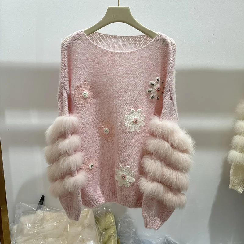 

2025 женский милый тонкий свитер из лисьего меха для девочек, весенний свитер из натурального меха, вязаное пальто