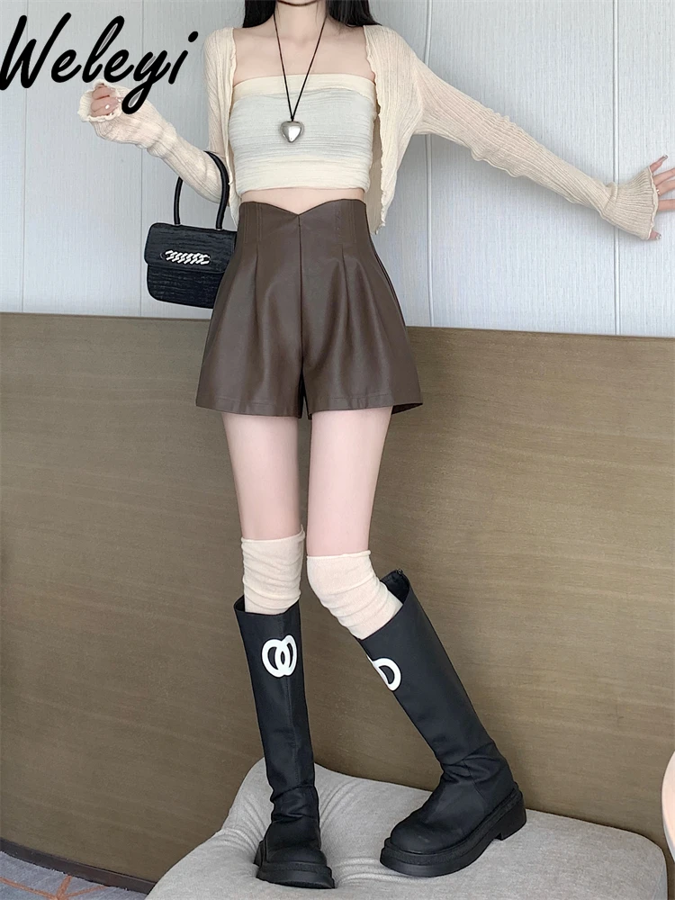 Large Size Curved Waist PU Leather Shorts Woman Casual Women's Loose Versatile High Waist A Word Wide Leg Outer Boots Pants