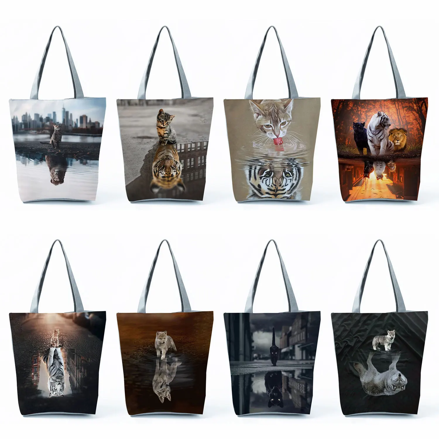 

Print Eco Friendly Women's Bags New 2022 Beach Bag Tote Bag Travel Cat Tiger Dog Animal Reflection Shopping Bag High Capacity