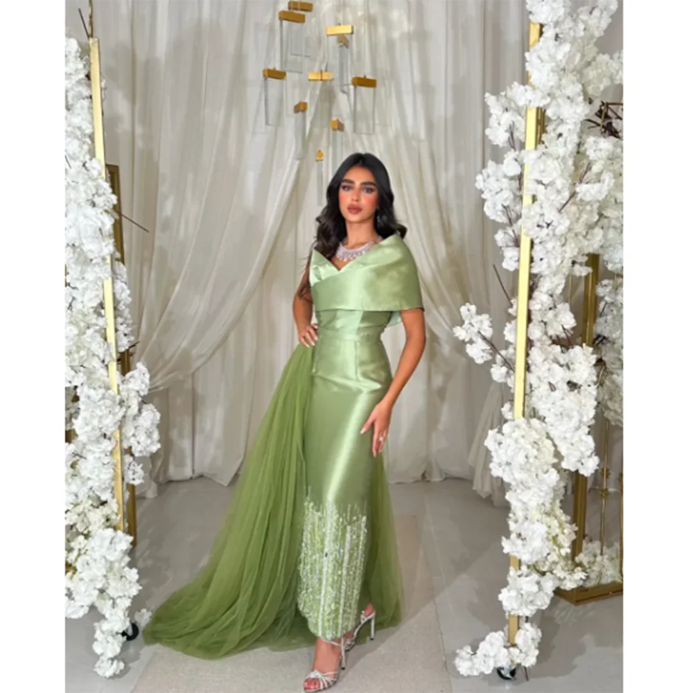 Fashion Chic Exquisite Green Evening Party Dresses One Shoulder Sleeve Strapless Floor Length Shiny High Quality Women Prom Gown