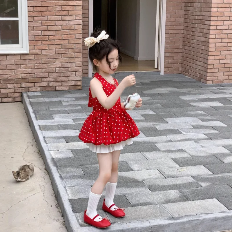 

Girls' Puff Sleeve Ruffled Polka Dot Tank Dress Hot Girl Style Fashionable Sleeveless Halter Dress