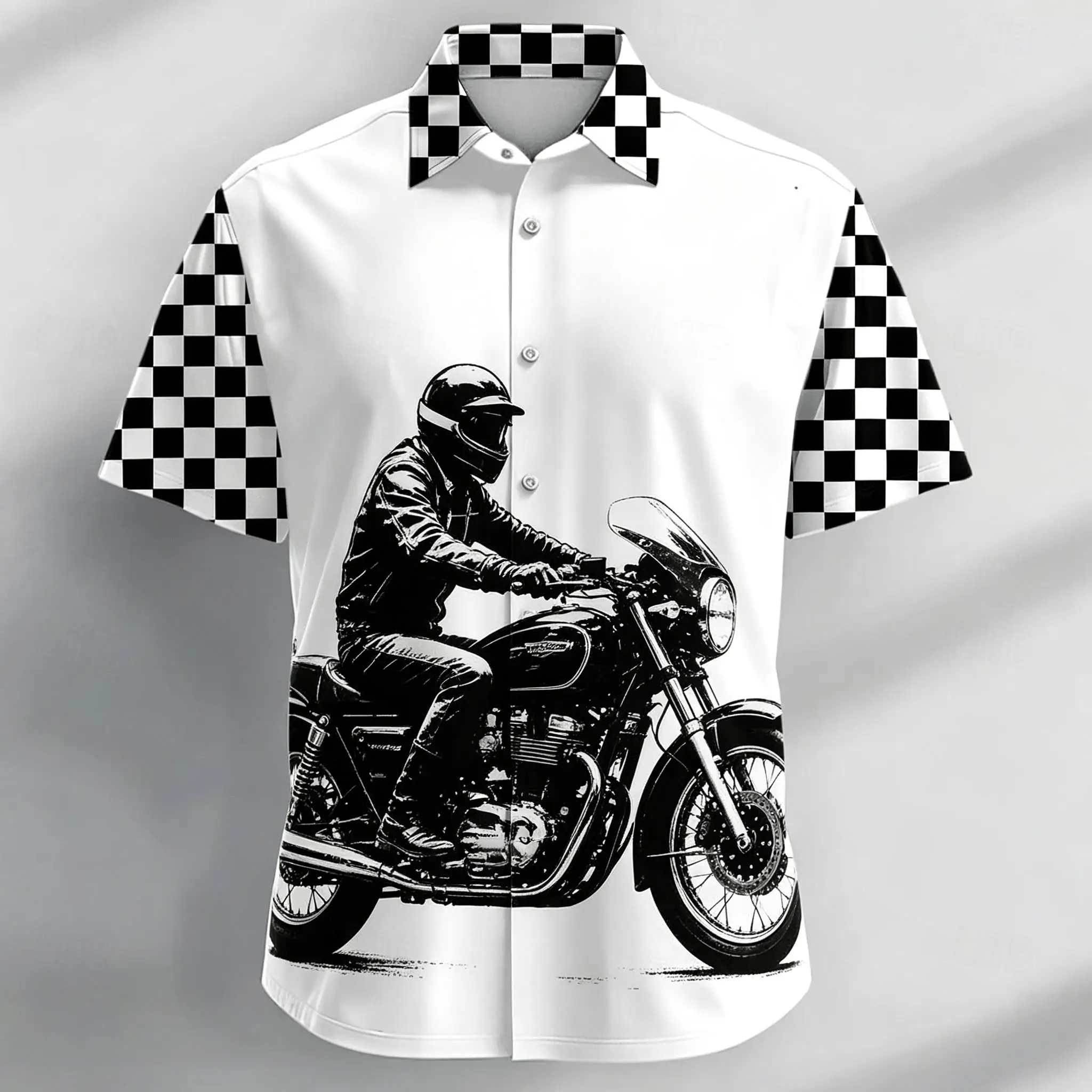 Men's Vintage Motorcycle Rider Print Short Sleeve Shirt, Casual Biker Button Up Shirt for Spring & Summer