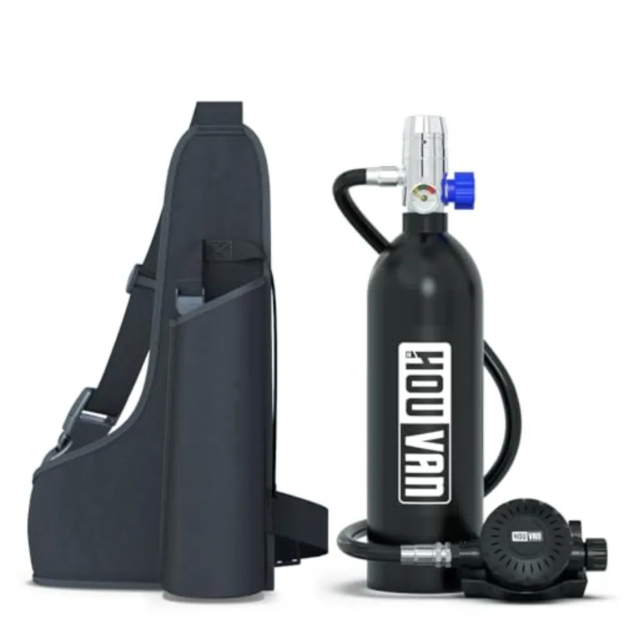 

Portable 1.0L mini scuba tank for underwater exploration and emergency use; aluminum alloy, black finish, integrated on-off val