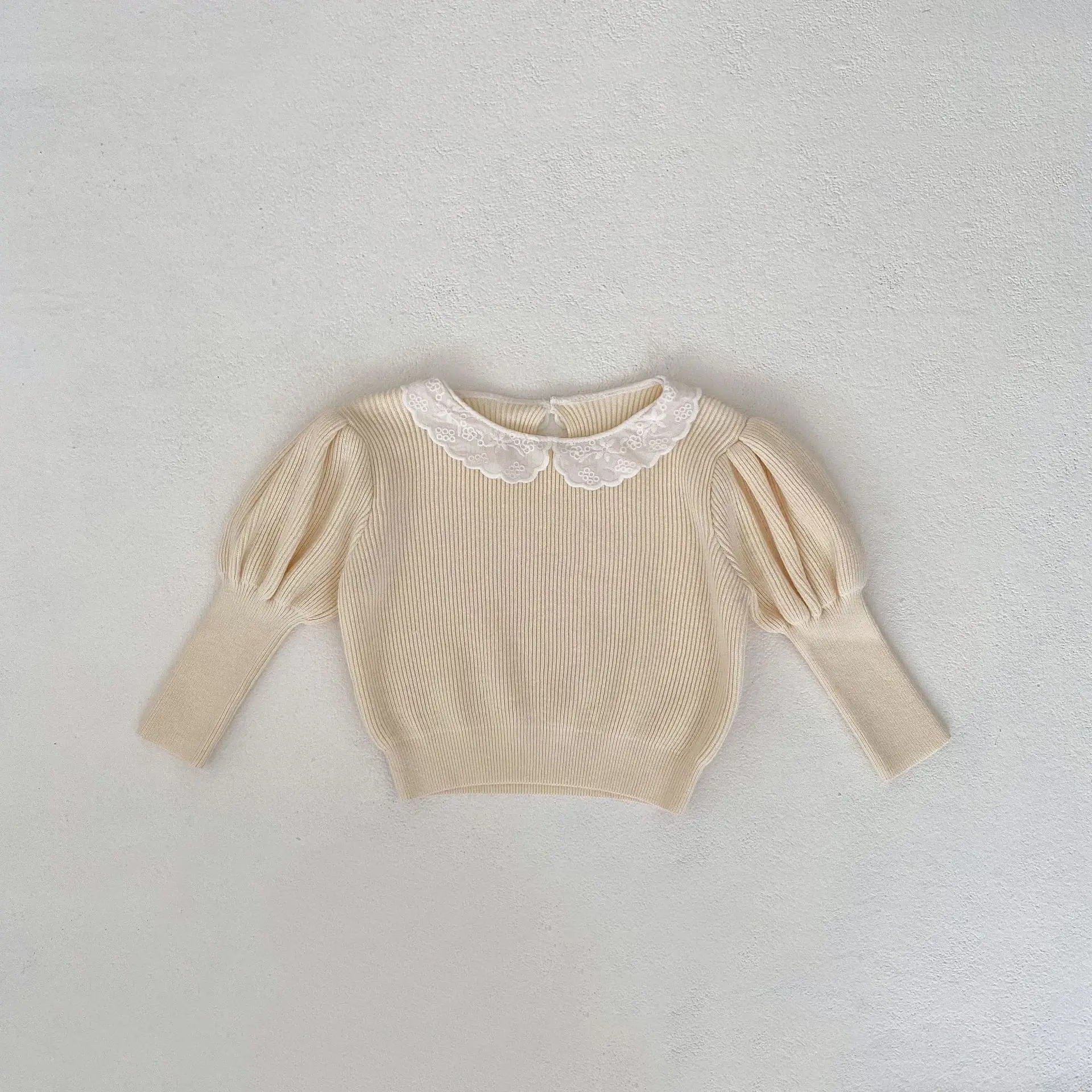 2024 Spring New Baby Girl Lace Collar Bottoming Shirt Cotton Infant Toddler Puff Sleeve Knitted Pullover Girls Solid Casual Tops