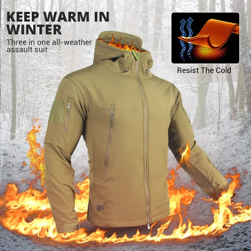 Men\'s Thick Soft Shell Winter Waterproof Work Sharkskin Storm Jacket Cashmere Hiking Clothing Fishing Two Piece Set Tracksuits