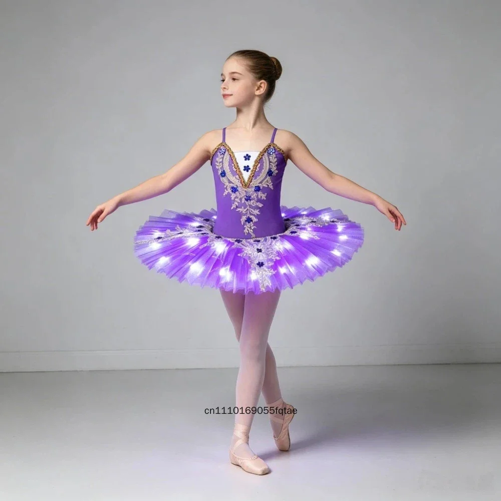 

Kids Girls Adult LED Light Up Ballet Pancake Tutu Skirt Professional Swan Ballerina Dance Costume Stage Performance Dress