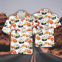 Delicious Sushi Shrimp Graphic Female Beach Shirts Hip Hop Hawaiian Rice Balls Lapel Blouse Fast Food Bento Shirt For Men Tops